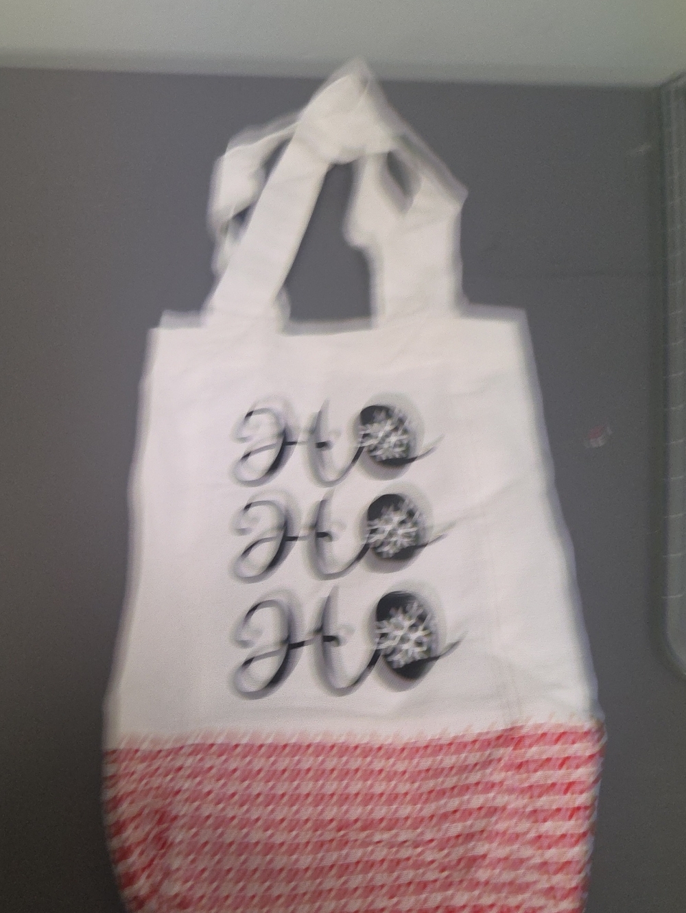 White and Red Canvas Holiday Tote Bag with Ho Ho Ho Print